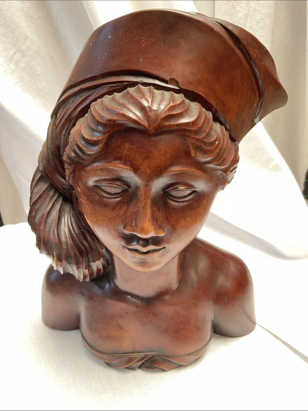 Vintage 1940  FATIMA BALI Hand-Carved Brown Wood Bust Sculpture - Home Art